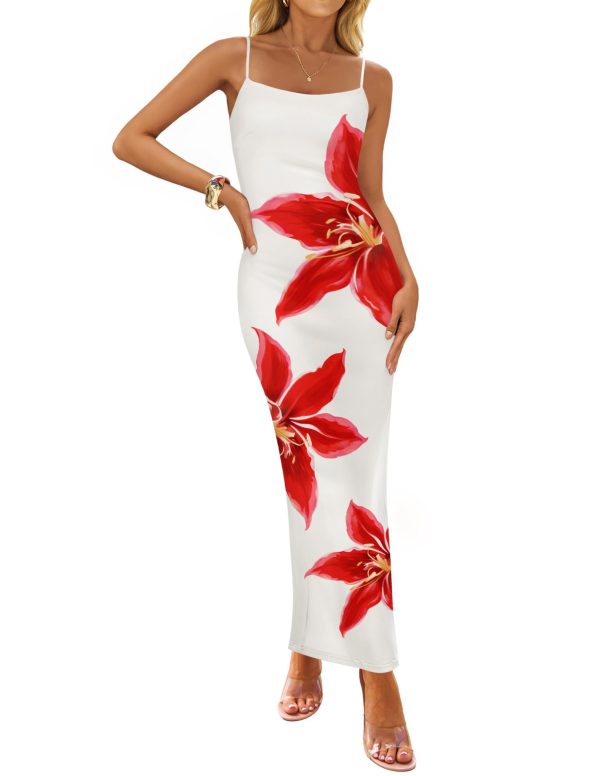 ZESICA Women’s Summer Bodycon Maxi Dresses 2025 Floral Spaghetti Strap Square Neck Sleeveless Boho Beach Long Dresses