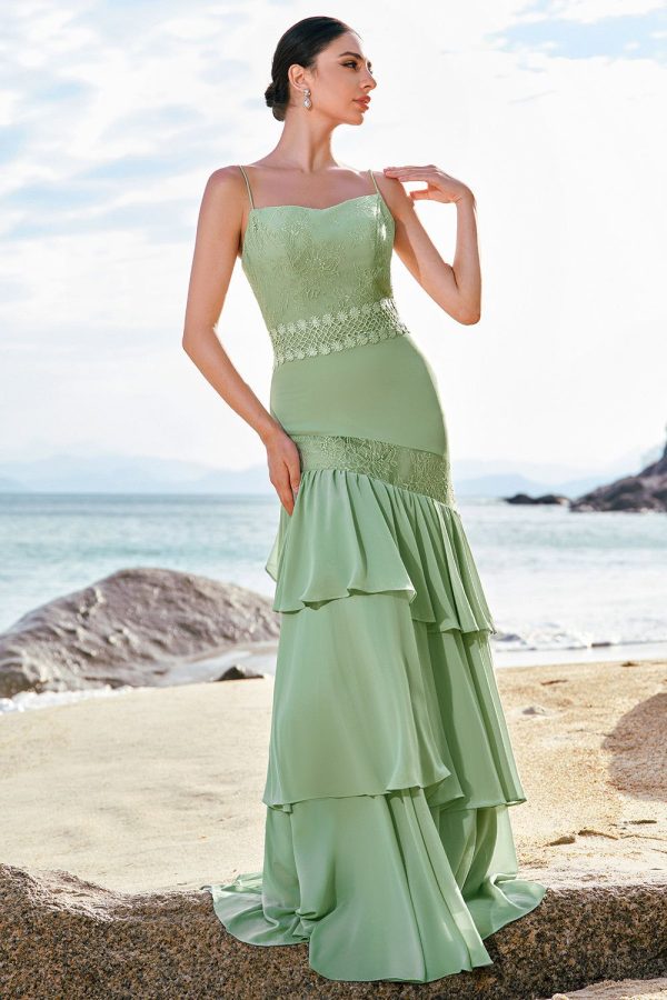 Zapakasa Women Green Mermaid Ruffled Bridesmaid Dress with Lace Floral Chiffon Long Wedding Party Dress