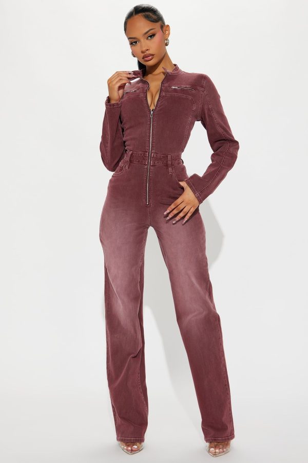 Women's Hopped Off His Bike Denim Jumpsuit in Burgundy Size Medium