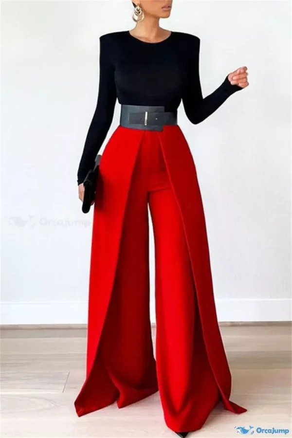 OrcaJump – Blue Solid-Colored Casual Straight-Cut High-Waisted Pants