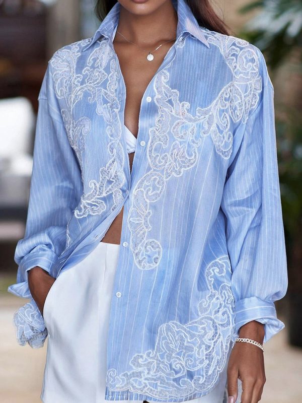 Striped Patchwork Lace Casual Shirt For Women Lapel Long Sleeve Spliced Single Breasted Loose