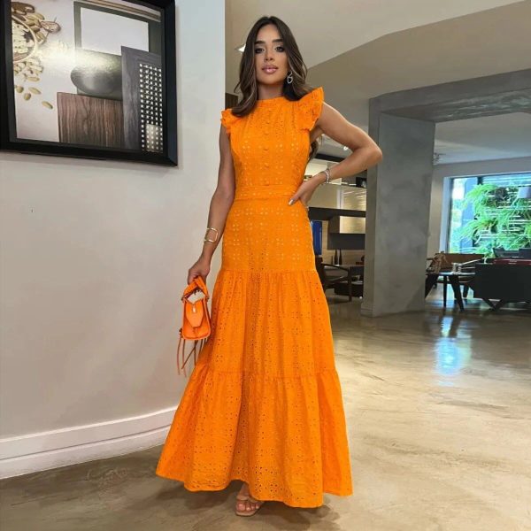 Zingj Solid Hollow Out Elegant Women Dress O Neck Flying Sleeve Button Long Dress Summer Chic Casual Beach Women Clothing PI23476O1-M