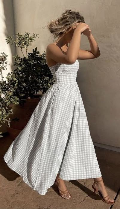 Timeless Summer Style: Beige Gingham Dress with Soft, Feminine Charm