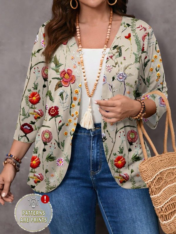 Plus Size Women Casual Minimalist All-Over Print Lightweight Jacket Suitable For Summer Summer Outfits For Women,Vacation Outfits Woman