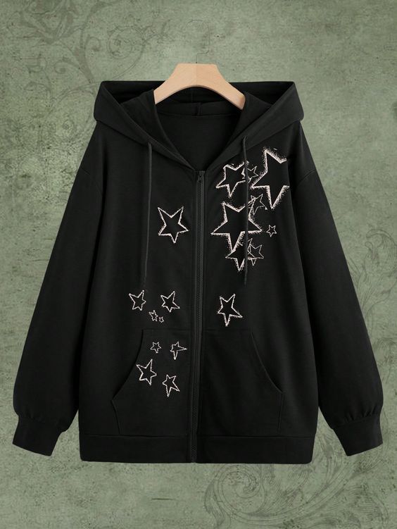 ROMWE Fairycore Star Print Zip Up Drawstring Hoodie, School