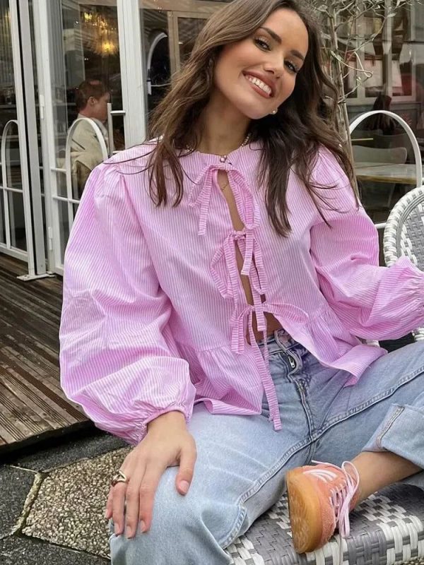 Striped Puff Sleeve Holiday Blouse - PINK M