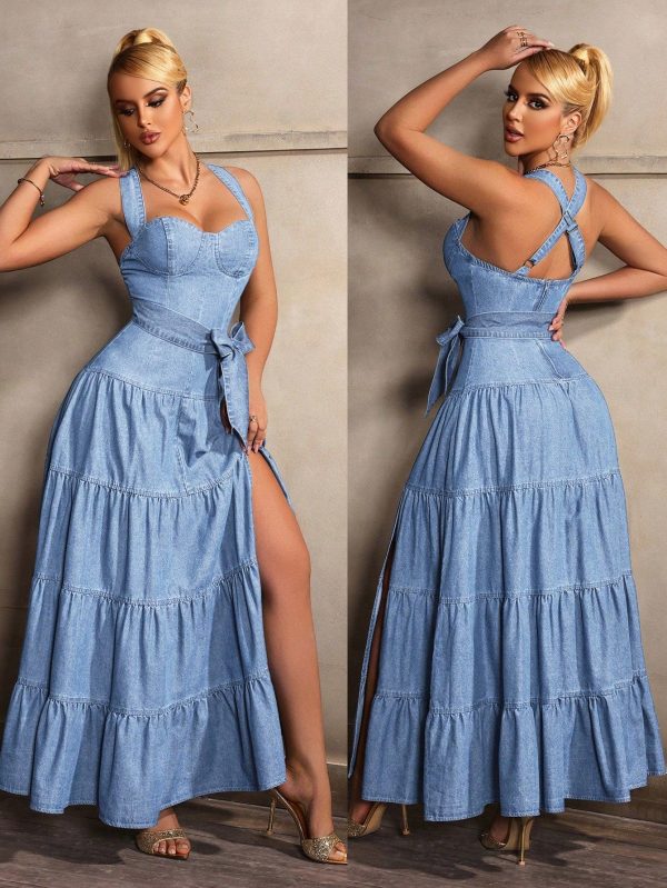 Fashion Halter Backless Slit Ruffle Hem Bowknot Belt Women Denim Dress