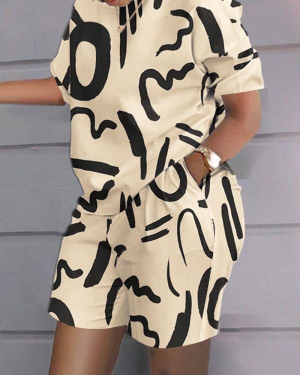 Zingj Independent Station Spring And Summer Fashion Positioning Printing Short-Sleeved 2-Piece Set Of Women 211-1-Outfit Ideas Apricot Printing-S