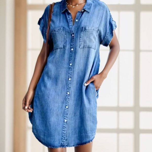 Summer Women Denim Dress Short Sleeves casual Loose A-Line Dresses V-neck Solid Party Denim Dresses