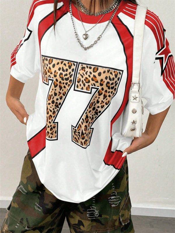 Summer Tee Street Sports Style Loose Tops Leopard Number Printed V-Neck Short Sleeve Baseball Jersey Y2k T Shirt For Women