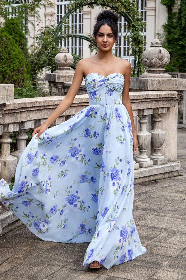 Zapakasa Women Blue Floral Wedding Party Guest Dress A Line Sweetheart Strapless Pleated Long Maxi Bridesmaid Dress