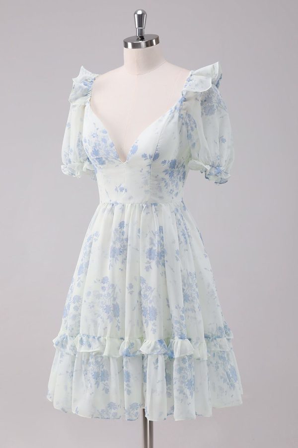 Zapakasa Women Light Blue Floral Short Homecoming Dress with Short Sleeves A-Line Chiffon Cocktail Dress