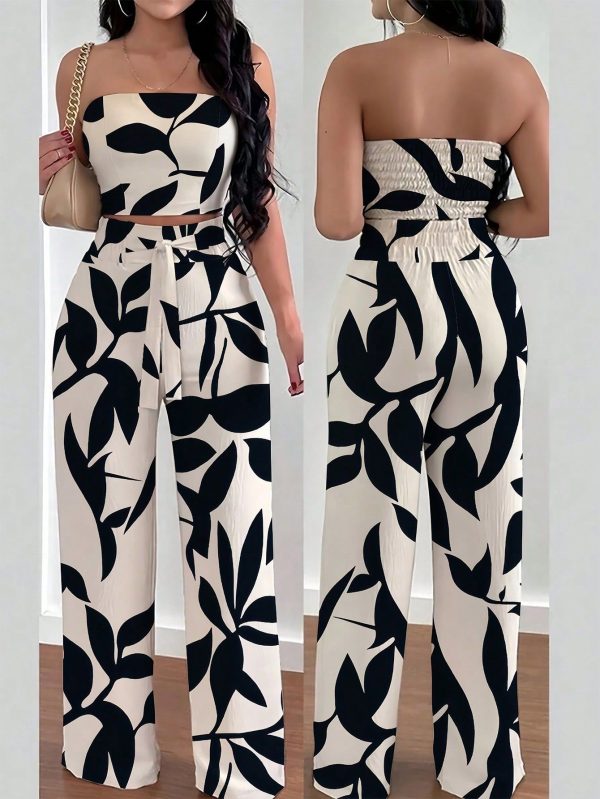 2 Pieces Loose Jumpsuit Set With Bandeau Top And Wide Leg Pants, Casual Vacation