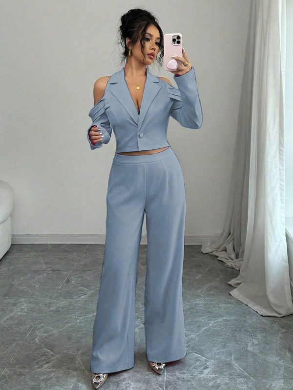 Women's Off Shoulder Long Sleeve Solid Color Jacket And Pants Set, Minimalist Fashion Design Suitable For Summer