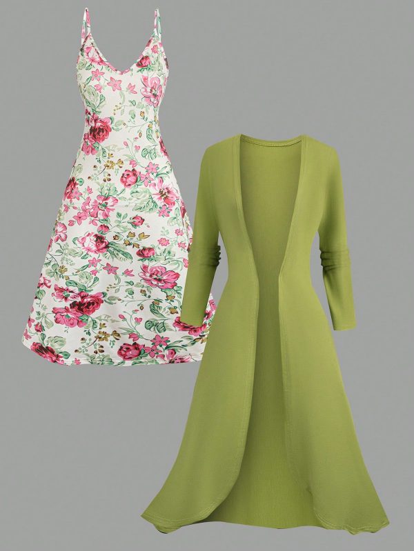 Fashionable European & American Style Printed Sleeveless Cardigan & Tank Top Set, Green