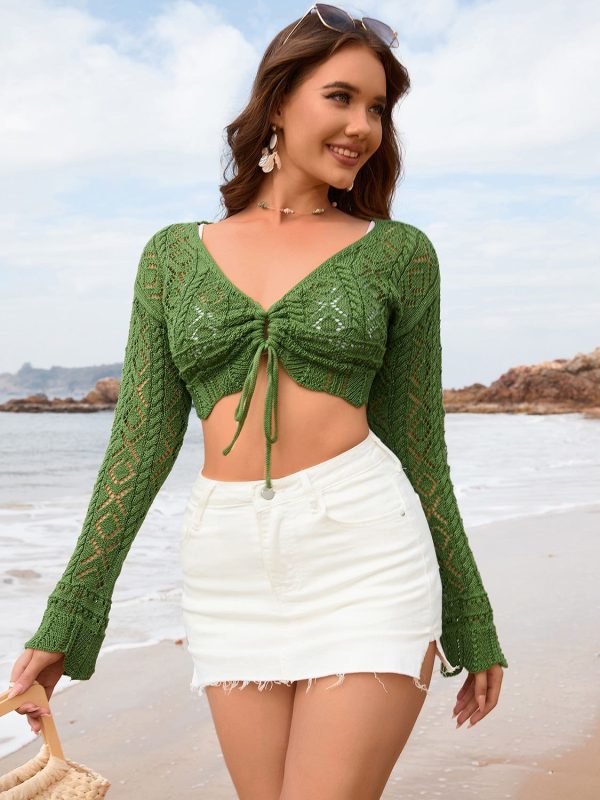Hazel Blues® |  Drawstring Openwork Long Sleeve Cover-Up - Mid Green / M
