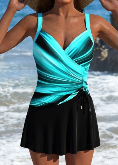 Ombre Drawstring Cyan One Piece Swimdress