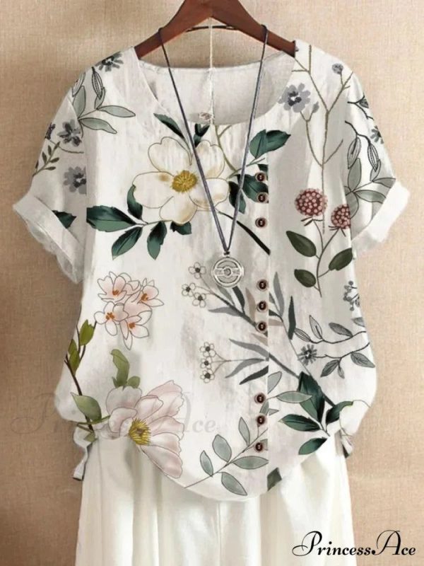 Blouse Casual for Fashion Loose Patterned Short-sleeved Retro Blouse Summer - Flower 5 XXL