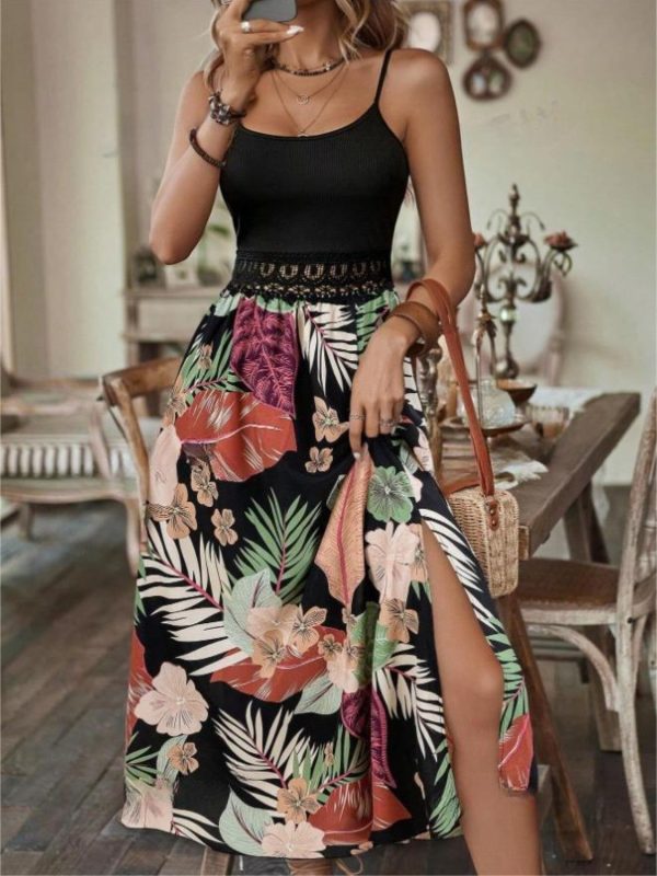 Explore More Collection - Slit Printed Scoop Neck Cami Dress - Black / XL
