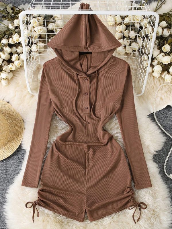 Women's Solid Color Drawstring Hooded Jumpsuit Short
