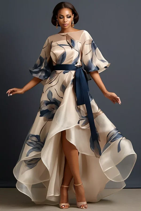 Xpluswear Design Plus Size Formal Beige Floral Round Neck Half Sleeve See Through Organza Maxi Dresses