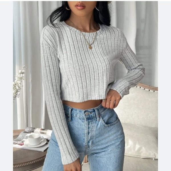 Shein Tops | Shein Ezwear Solid Rib-Knit Crop Tee Nwt Gray Size M | Color: Gray | Size: M