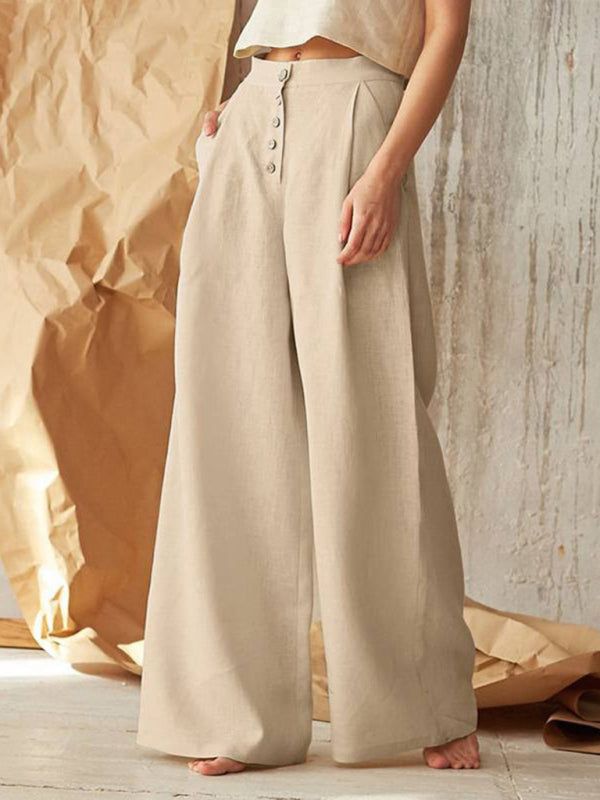 Women's Solid Color Single-breasted Button Casual High Waist Wide Leg Pants - Khaki / L