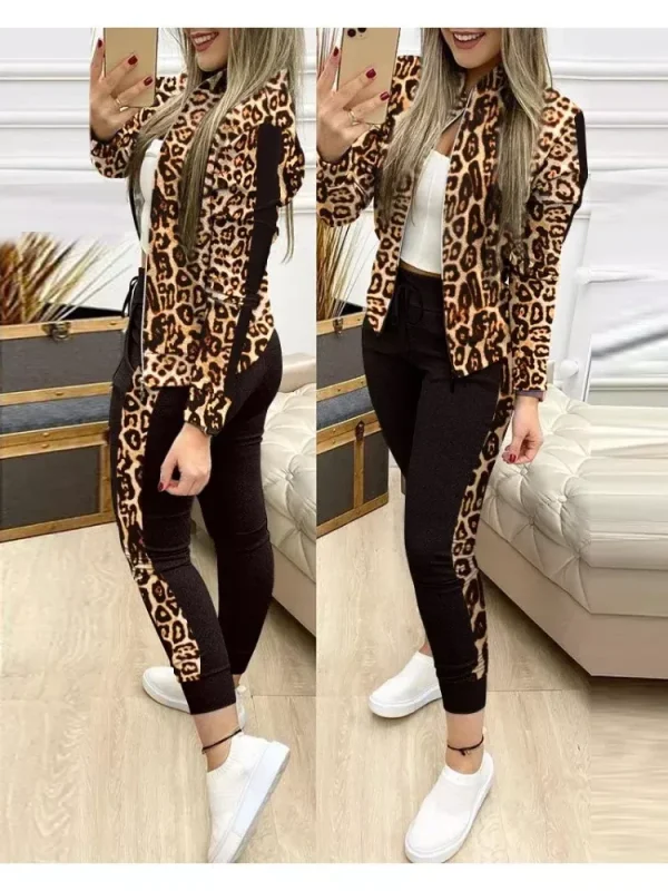 Trend Leopard 2 Two Piece Set Women Outfits Activewear Zipper Top Leggings Women Matching Set