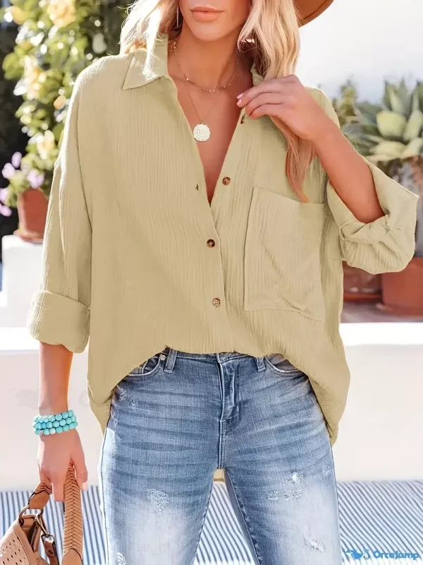 Orcajump - Solid Button Front Shirt, Casual Long Sleeve Versatile Shirt With A Collar, Women's Clothing - Khaki, XXL(14)