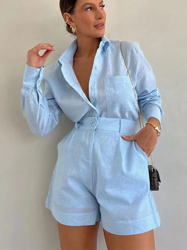 fashion summer cotton linen loose ruffle shorts suits women long sleeve drawstring pullover 2 pieces set casual beach suits - Blue / L