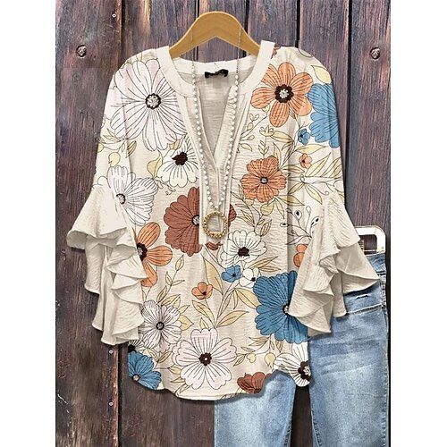 Women's Boho Blouse Floral Graphic Daily Stylish Casual 3/4 Length Sleeve V Neck Regular Tops Daily Holiday Vacation Wear Print Pink Green Beige Summer Spring