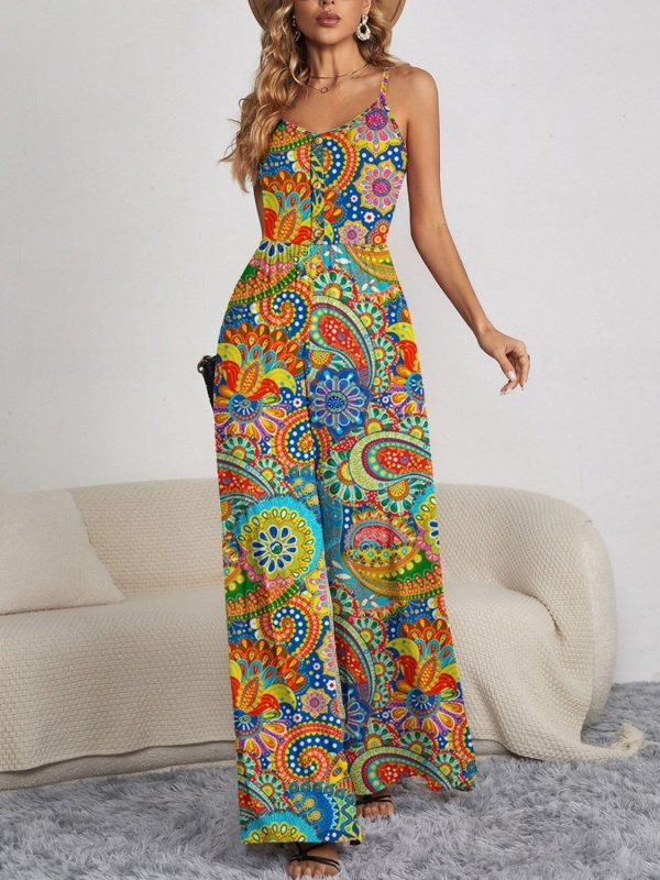 Explore More Collection - Decorative Button Spaghetti Strap Wide Leg Jumpsuit - Multicolor / L