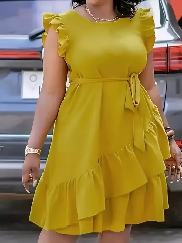 Lasaky - Faye Flutter Sleeve Solid Color Pleated Bright Casual Comfortable Waist-Defining Dress - Yellow, 1XL