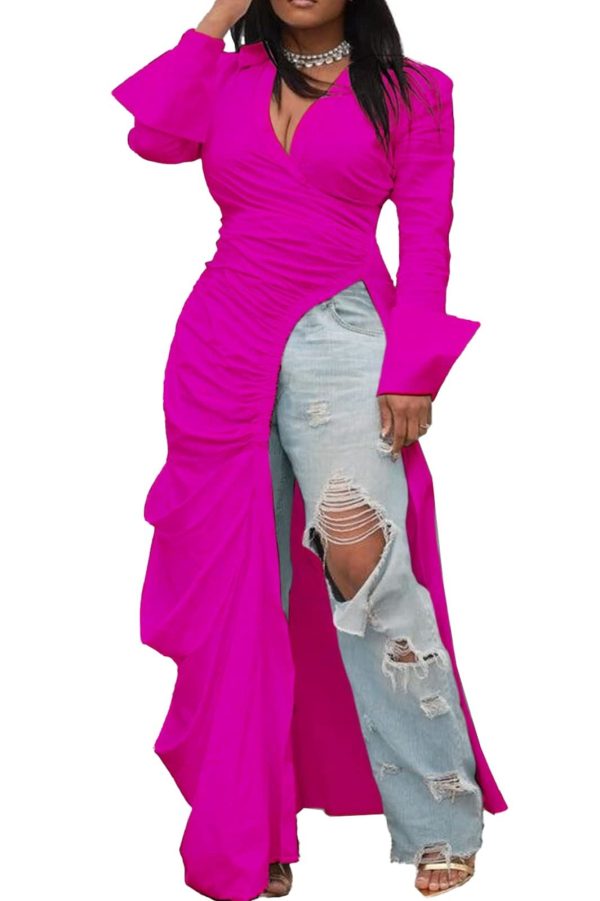 Choichic Women's Deep V Neck Ruched Long Sleeve Side Split High Low Irregular Hem Top Tunic Blouse Long Shirt Dress