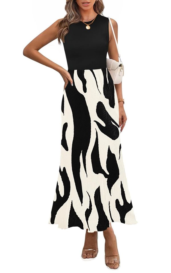 PRETTYGARDEN Womens Spring 2025 Graphic Print A Line Pleated Work Midi Dresses for Women Casual Plisse Long Dress