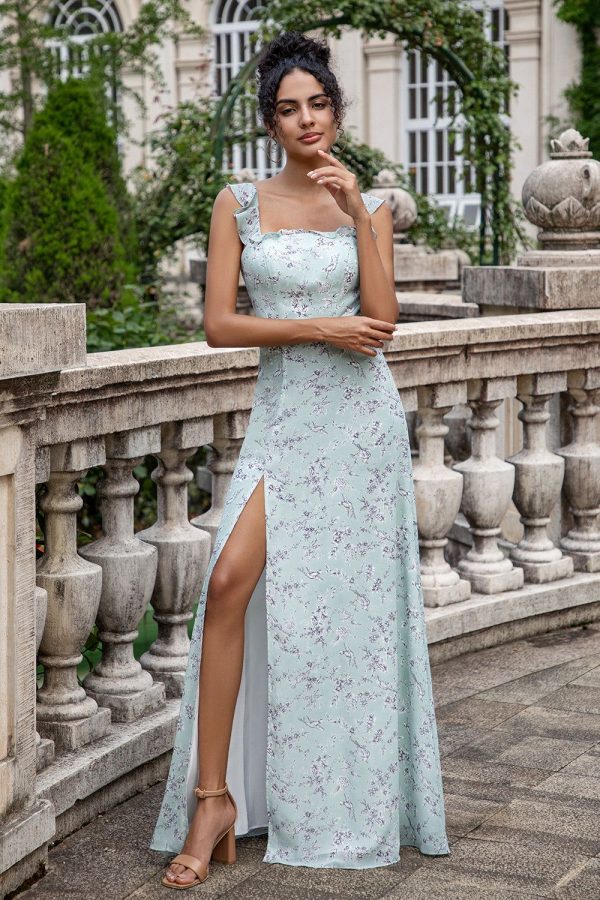Zapakasa Women Grey Green Bridesmaid Dress With Slit Sheath Floral Print Long Square Neck Sleeveless Wedding Party Dress