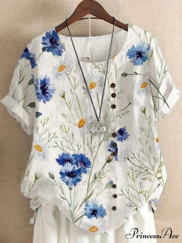 Blouse Casual for Fashion Loose Patterned Short-sleeved Retro Blouse Summer - Flower 3 M