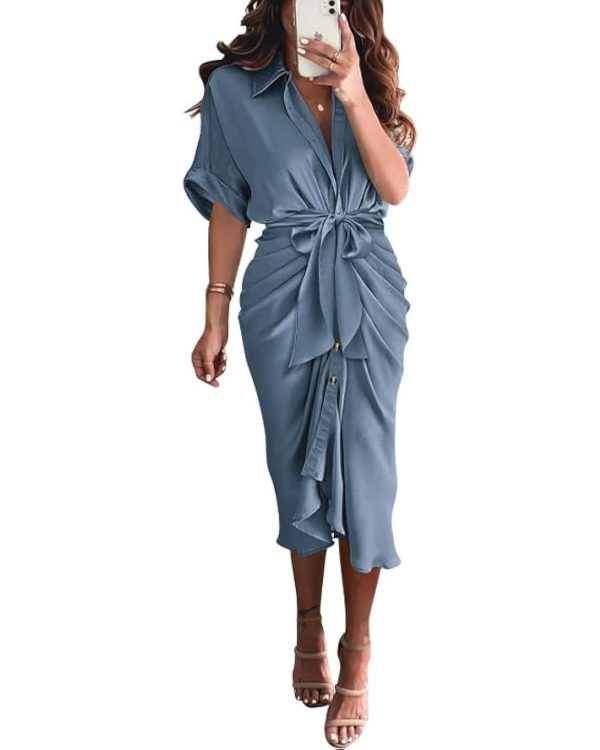 BTFBM 2025 Women Button Down Ruched Shirt Dresses Short Sleeve Lapel V Neck Elegant Party Spring Summer Maxi Satin Dress
