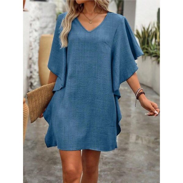 Women's Mini Dress Petite Dress Linen Dress Denim Dress Vacation Tropical Hawaiian Flutter Sleeve Vacation Work Daily Loose Fit Solid Color Short Sleeve V Neck Blue Summer Spring