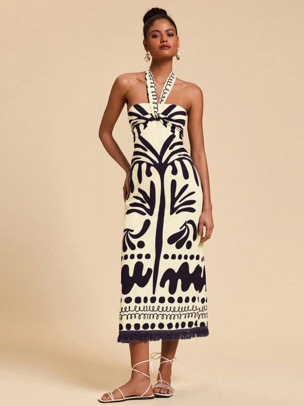 Woven Print Halter Tight Fitting Dress For Women