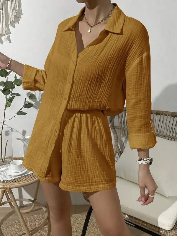 100% Cotton Gauze Muslin Sets For Women 2 Pieces Long Sleeve Shirts And Loose High Waist Mini Shorts Sets Ensemble Femme - caramel / XL