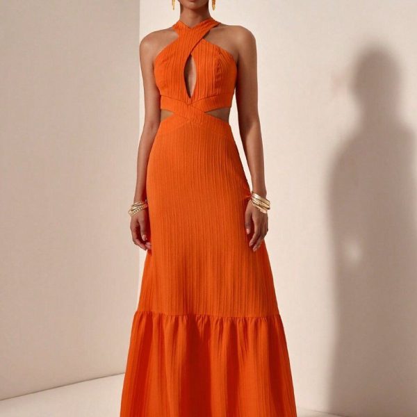 Orange Sexy Women's Casual Vacation Cross Halter Neck Hollow Backless Dress | Color: Orange | Size: Various