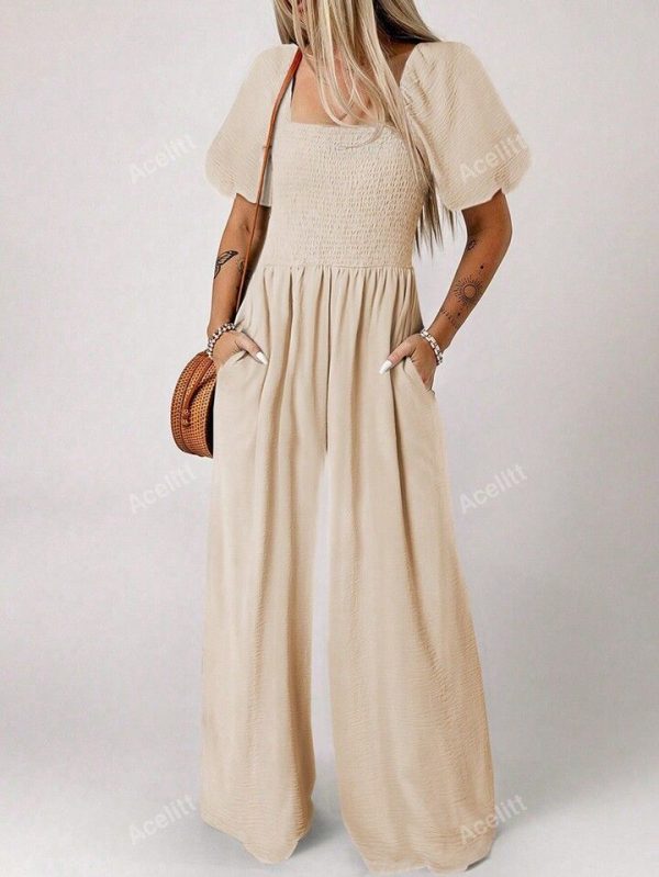 Acelitt Women Simple Solid Color Square Neck Short Sleeve Jumpsuit, Loose Fit Casual Daily Wear