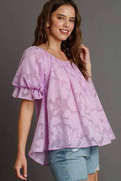 Umgee Full Size Jacquard Round Neck Ruffled Puff Sleeve Blouse Plus Size - Pink Purple / L