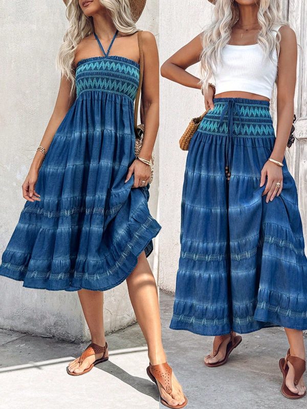 Two-Way Wear Tie Dye Tropical Print Halter Sleeveless Dress High Waist Shirred Vacation Skirt