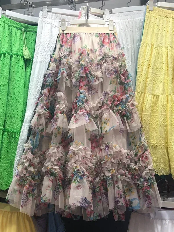 French Chic Maxi Skirts for Women Mesh Patchwork Floral Printed Female Skirts A-line High Waist