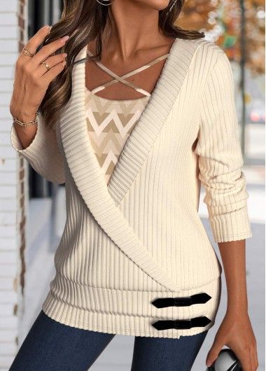 Tops For Women ROTITA Surplice Geometric Print Beige V Neck Long Sleeve Blouse
