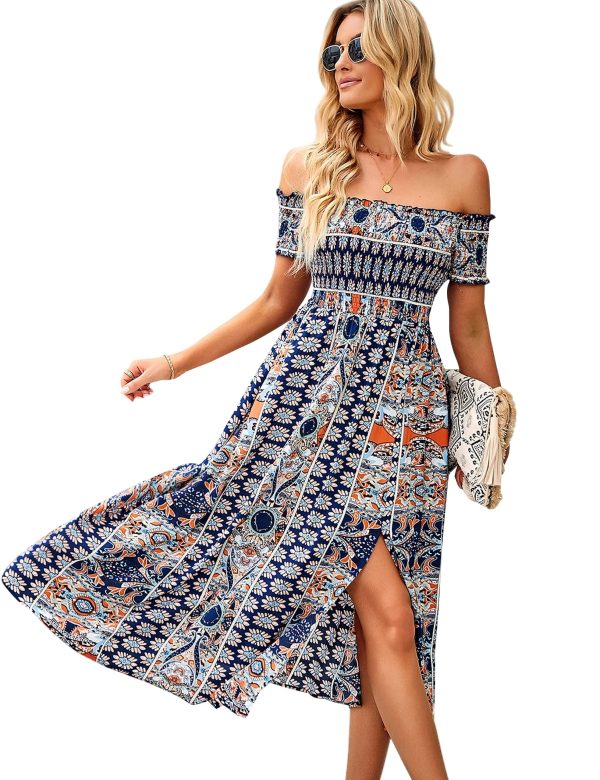 ROYUNA Women's Off The Shoulder Dresses Boho Flowy Smocked Maxi Sundress Beach Vacation Summer Dress 2024