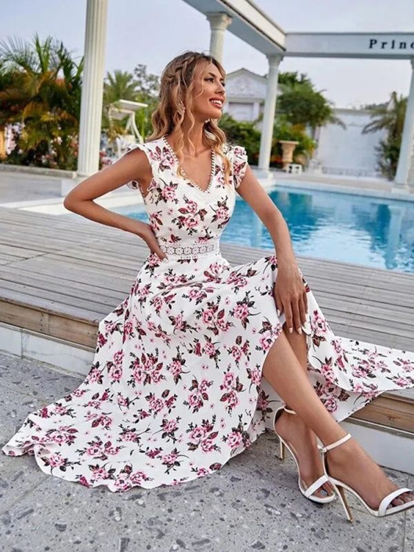 Casual Floral Lace Collar Irregular Waist Dress - Mixed Color S