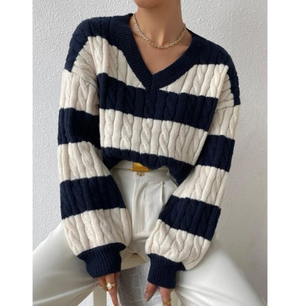 Rebellious Rose Sweaters | Striped Pattern Knitted Sweater | Color: White | Size: Various